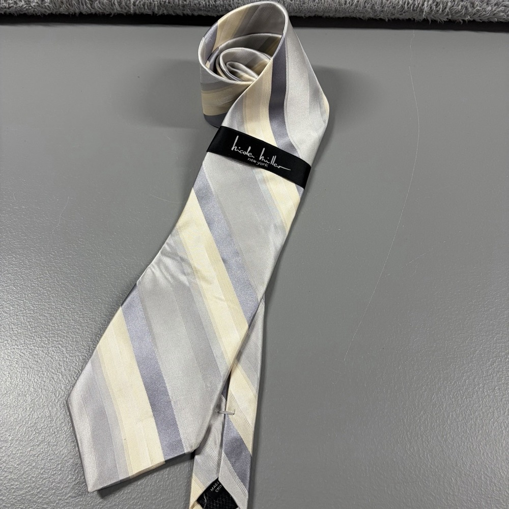 Nicole Miller Tie NWT Silk Modern Stripe Neutral Colors Gray Ivory Professional